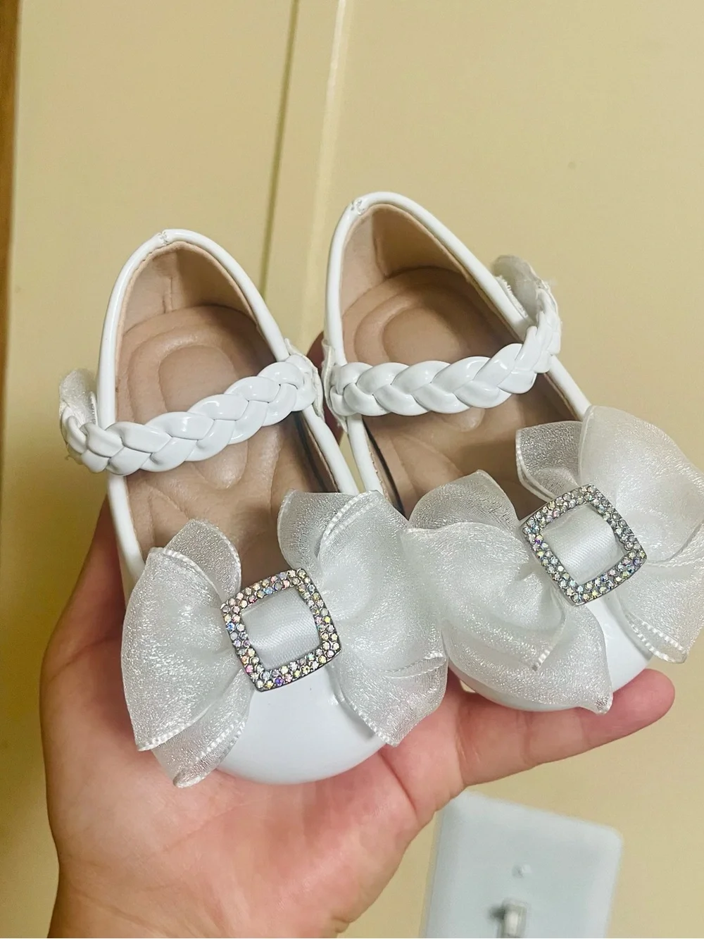 White Babygirl Rhinestone Bow Knot Braided Strap Dress Shoes